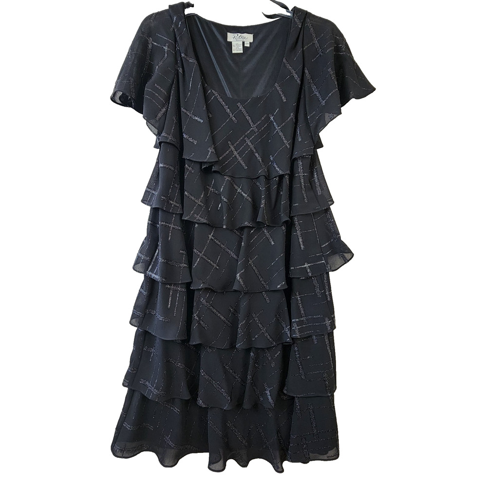 Patra Tiered Chiffon Dress 16W Black Cocktail Sparkle Geometric Pattern